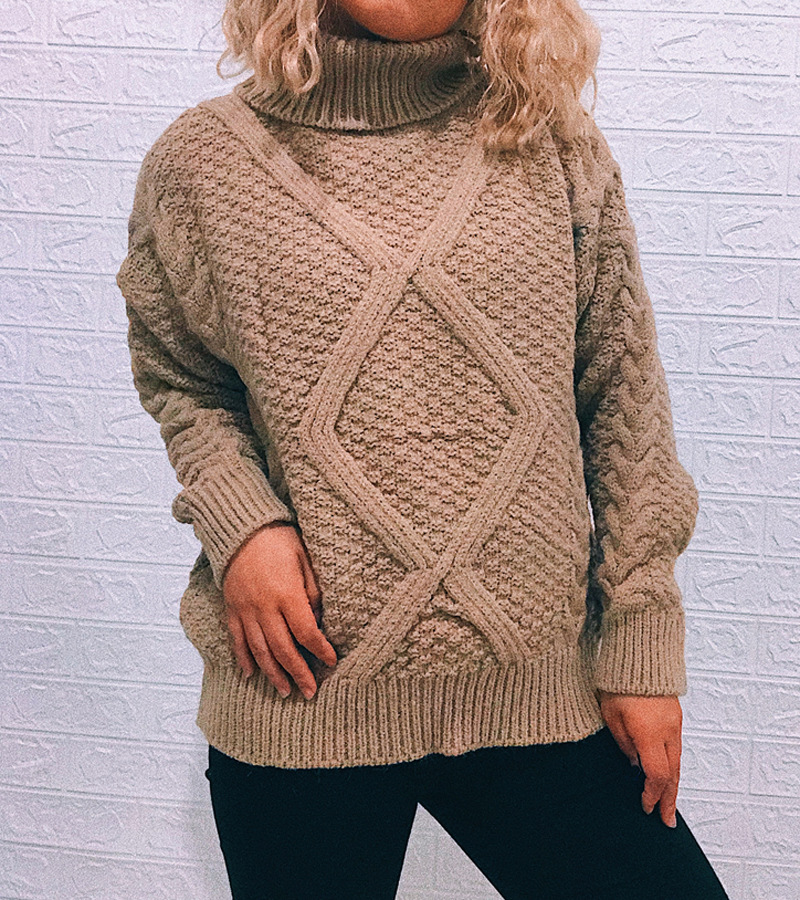 Coarse Twisted Rhombus High-Neck Long-Sleeved Loose Knit Sweater NSSX104226