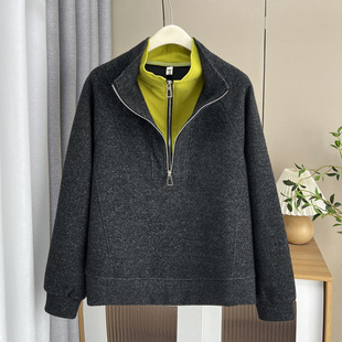 2025 early spring 200kg chubby girl plus size women's fashion temperament fake two-piece sweater casual half-open collar jacket 5935