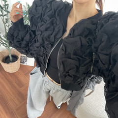 东大门ins秋日新款韩版百搭甜美减龄立体花设计百搭夹克短款外套