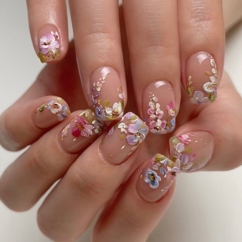 24 Pieces of Embossed Floral Spring Nails, Short Square French Colorful Women's Press-On Nails, Removable