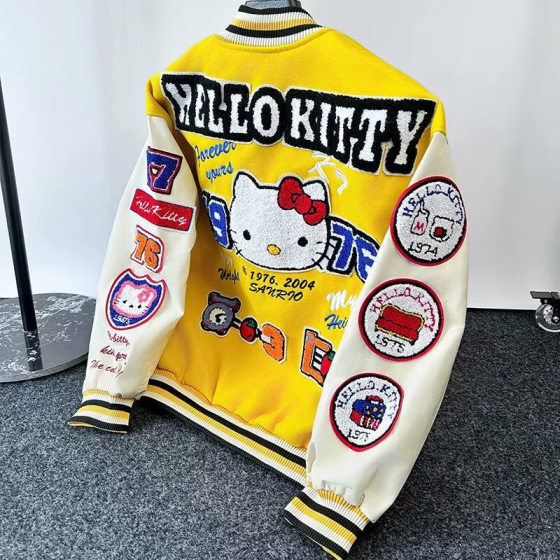 Early Spring Autumn Winter American KT Cat Flocking Towel Embroidered Leather Baseball Suit Men's and Women's Loose Collar Jacket Fashionable Jacket