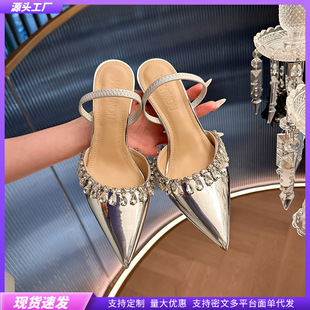 Hk11 New 2025 Easiest for Match Pointed Toe Shallow Mouth One-Wear Baotou Back Hollow Silver Rhinestone High Heel Sandals for Women