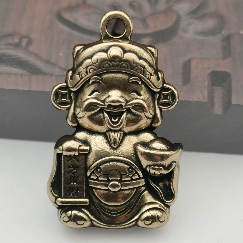 Brass Bafanglaicai God of Wealth Pendant Antique Mini Copper Wholesale Little God of Wealth Car Keychain Pendant