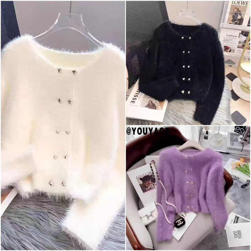 Cross-Border Women's Fashion Cardigan Knit Jacket Imitation Mink Fur Chanel-Style High-End Fashion Long-Sleeve Top Set
