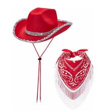 双层亮片包边西部牛仔帽2件套装 双腰果方巾流苏丝巾派对服饰装扮