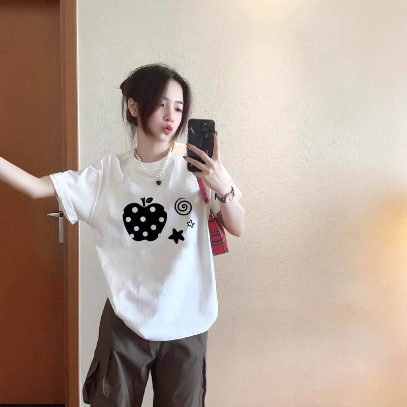 White Pure Cotton Polka Dot Apple Short-Sleeve T-Shirt for Women, Summer 2026 New Style, Loose and Casual Versatile Half-Sleeve Top White Pure Cotton Polka Dot Apple Short-Sleeve T-Shirt for Women, Summer 2026 New Style, Loose and Casual Versatile Half-Sleeve Top