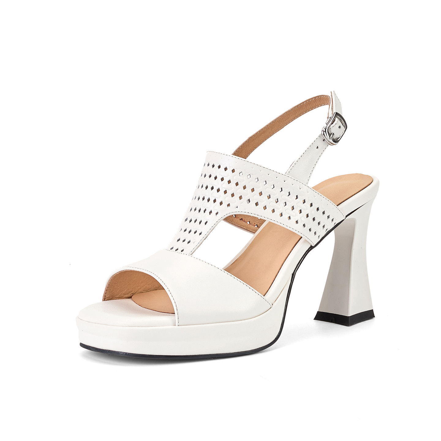 Sandal cao gót nữ hở mũi quai ngang khóa gót 9 cm — màu trắng ngà