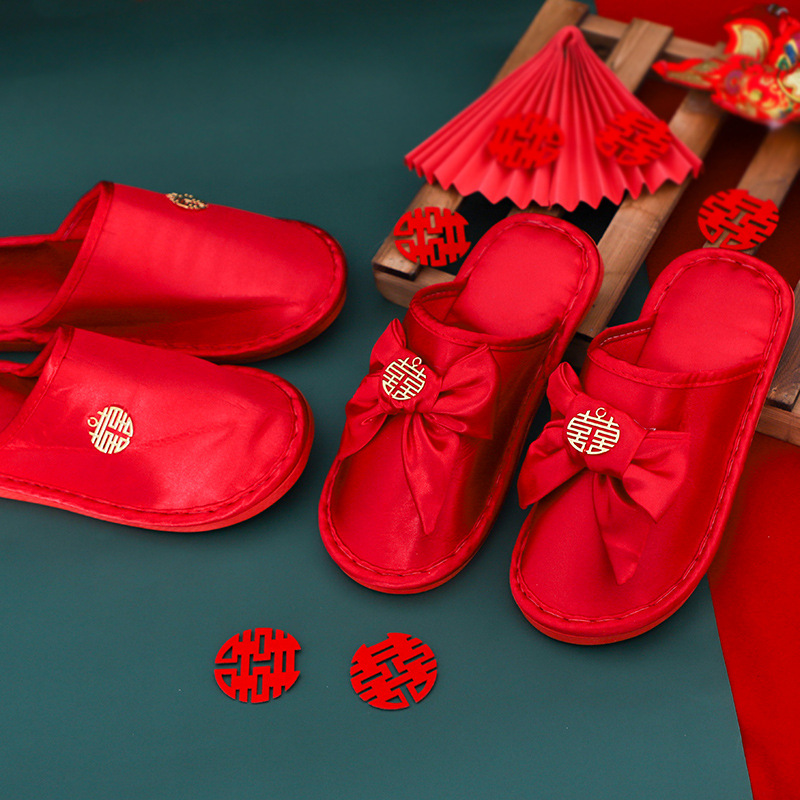 結婚紅色拖鞋一對冬季情侶室內家居喜慶新郎新娘婚慶創意包頭棉拖