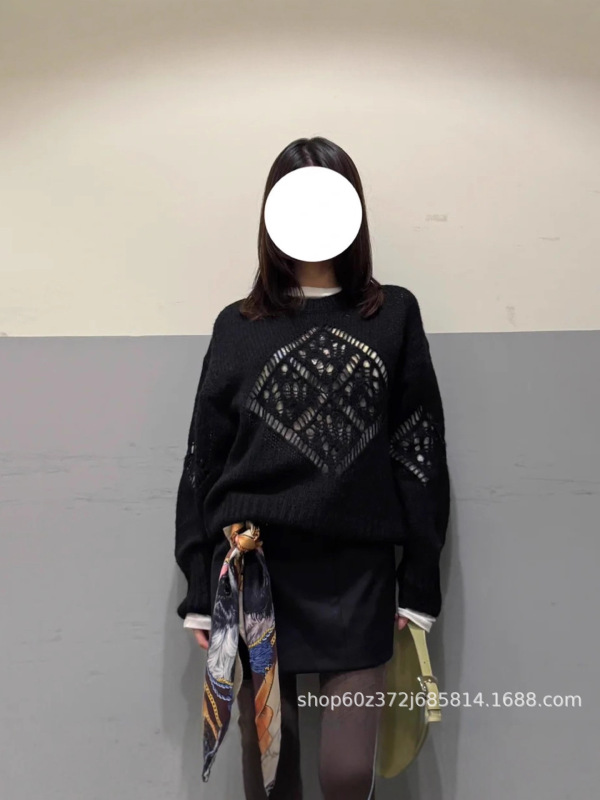 现货25早秋新款OP韩国小众设计羊驼毛镂空宽松针织长袖套头毛衣女|undefined
