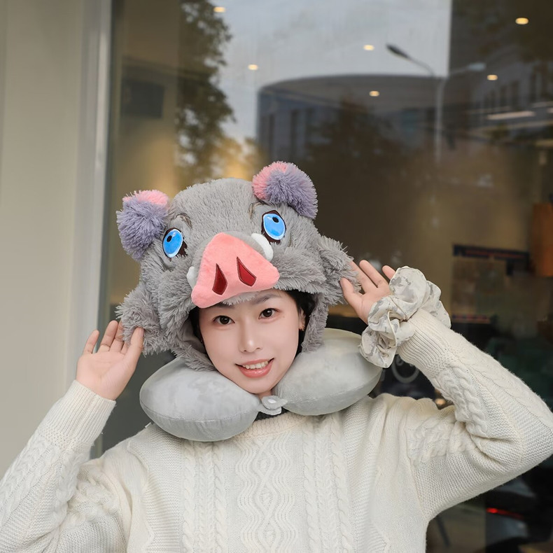 Gray Piggy Hooded Neck Pillow