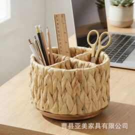 跨境草编桌面收纳盒客厅遥控器杂物整理盒可旋转餐具盒学生笔筒架