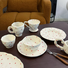 韩式ins风 手绘小爱心love陶瓷盘 手捏碗 高颜值咖啡杯碟 椭圆盘