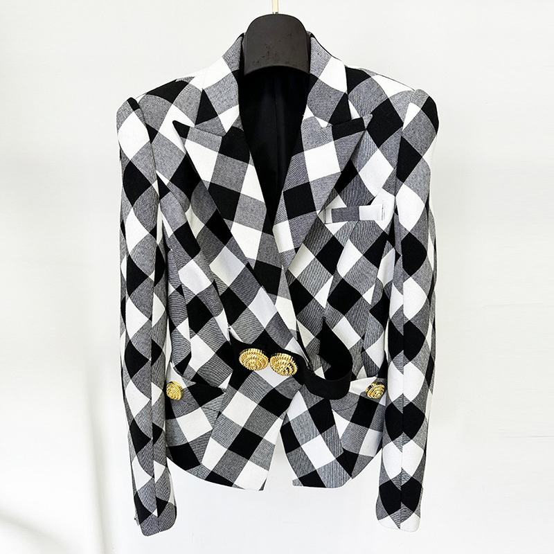 High Street Fashion 2026 Early Spring New Versatile Large Metal Buckle Black and White Houndstooth Slim-Fit Blazer Jacket High Street Fashion 2026 Early Spring New Versatile Large Metal Buckle Black and White Houndstooth Slim-Fit Blazer Jacket