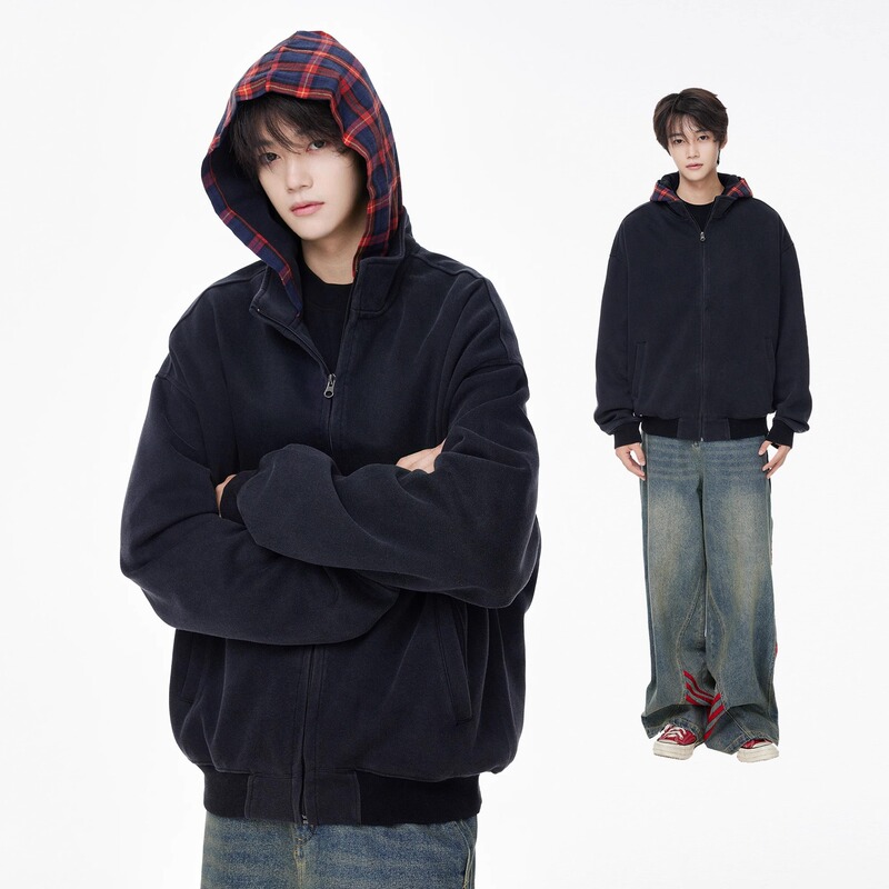 Cross-Border Retro Fake Two-Piece Hooded Short Cardigan Sweatshirt for Men and Women 2025 Autumn and Winter Heavyweight Loose Boxy Jacket