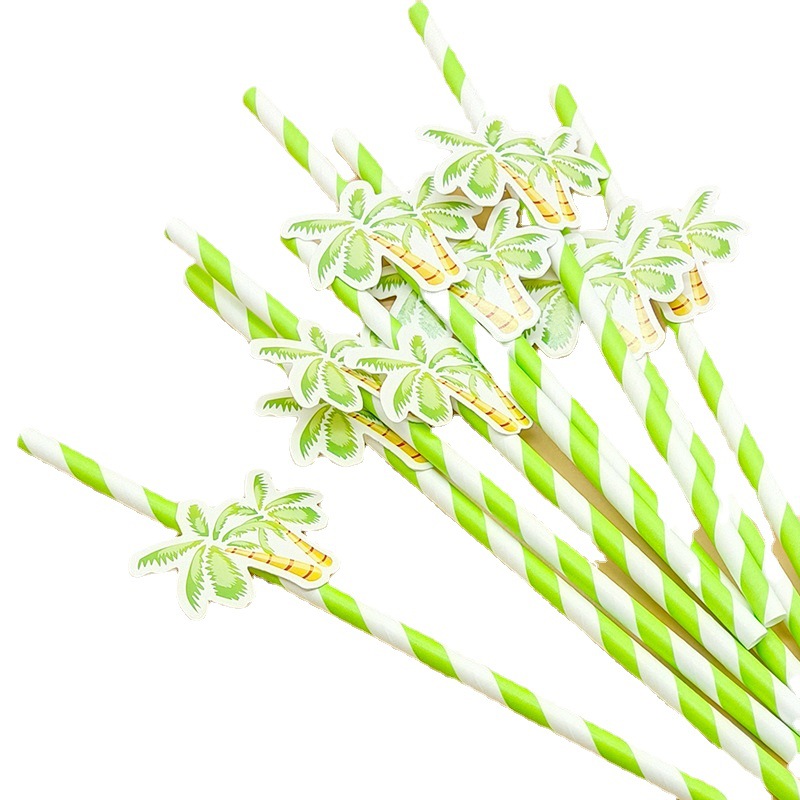 Paja de papel degradable desechable creativa hoja de paja tropical árbol de coco pastel decorativo plug-in leche té paja