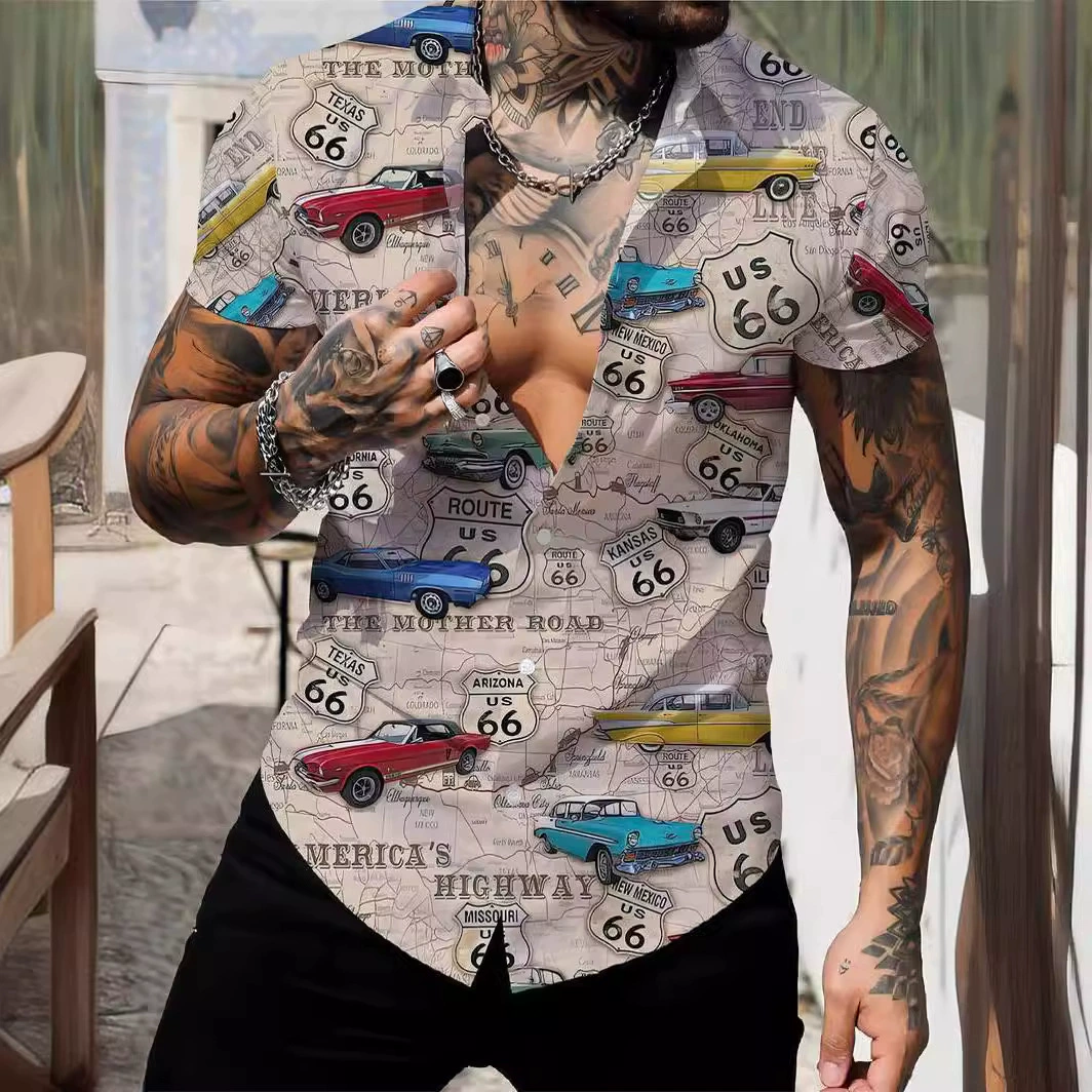 Мужской автомобиль 3D печать мода с коротким рукавом с v-образным вырезом рубашка, мужская летняя одежда, повседневный топ