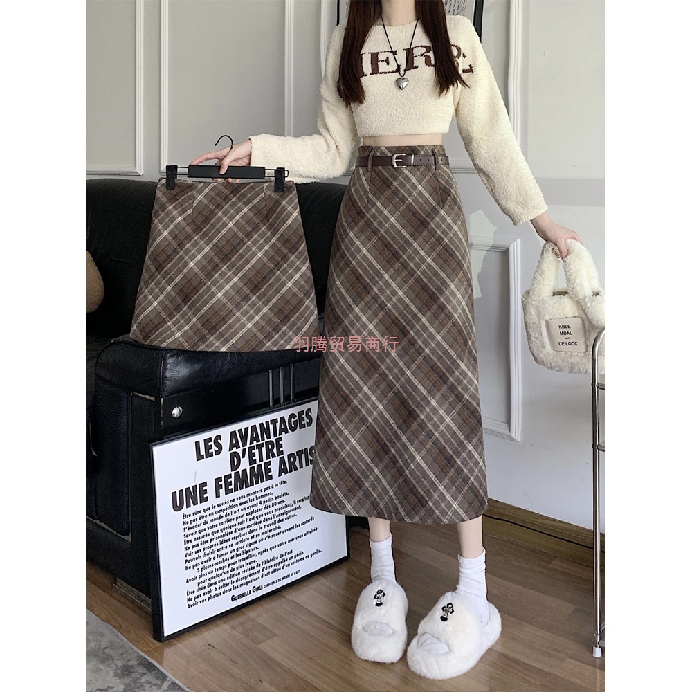 大码微胖MM毛呢半身裙春秋复古长裙女梨形身材高腰A字格子包臀裙
