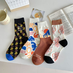 襪子女中筒襪復古文藝風春夏季薄款少女個性插畫設計感運動風棉襪