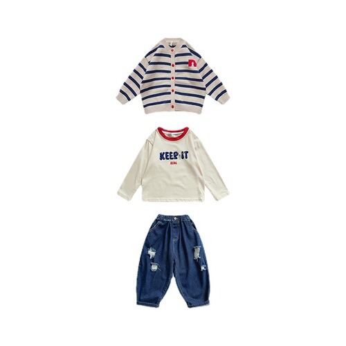  Autumn Girls' Knitted Cardigan: New Stylish Sweater and T-shirt Set in Denim for Toddlers and Young Children