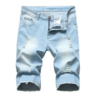 Cross-border supply of men's Denim shorts elastic hole-edged shorts light-colored Amazon K1201 light blue