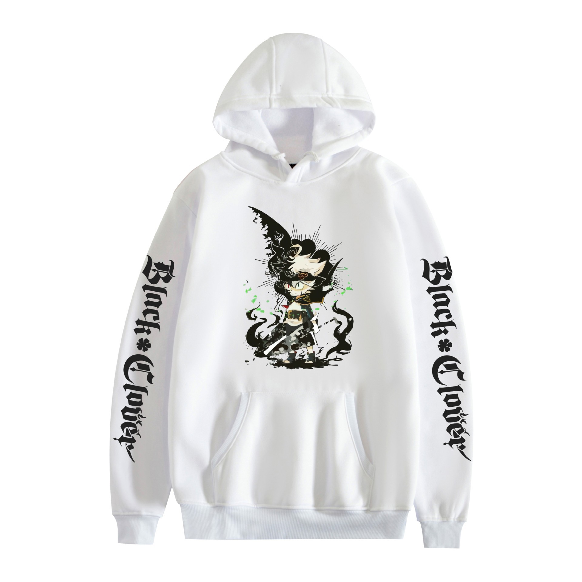 Suéter con capucha periférico de animación de trébol de cuatro hojas negro bidimensional marca de moda sudadera con capucha suelta casual más chaqueta de terciopelo nuevo