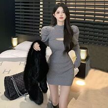黑色假两件加厚毛衣连衣裙女装2025秋冬镂空收腰短裙性感包臀裙子
