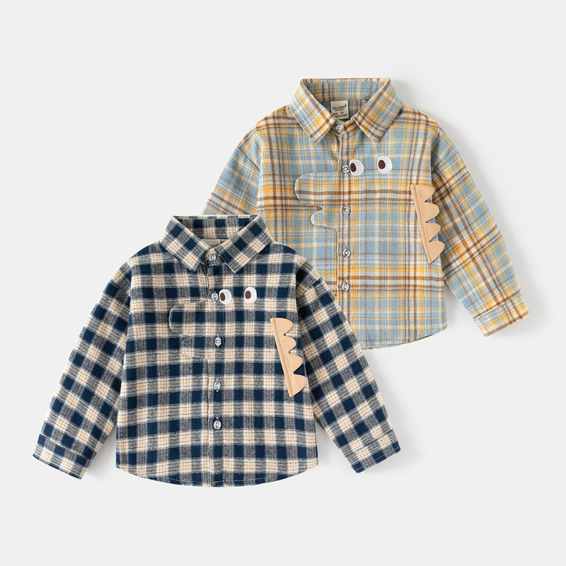 Boys' Shirts, Long-Sleeved Spring Plaid Shirts, Children's Retro Color-Blocked Cardigans, New Style Lapel Tops, Jackets Wholesale