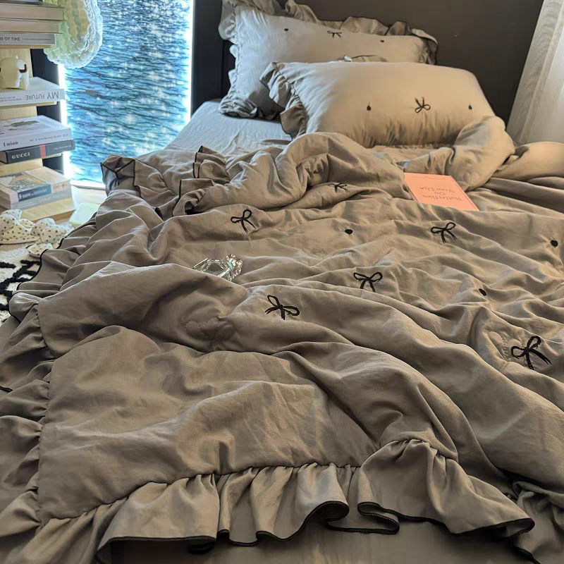 Korean Lace Embroidered Bow Summer Quilt Washed Cotton Machine Washable Air-Conditioned Quilt Summer Cool Quilt Four-Piece Thin Quilt