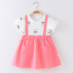 Girls dress pure cotton summer new style baby girl short-sleeved suspenders fake two-piece bunny print skirt for small and medium-sized children
