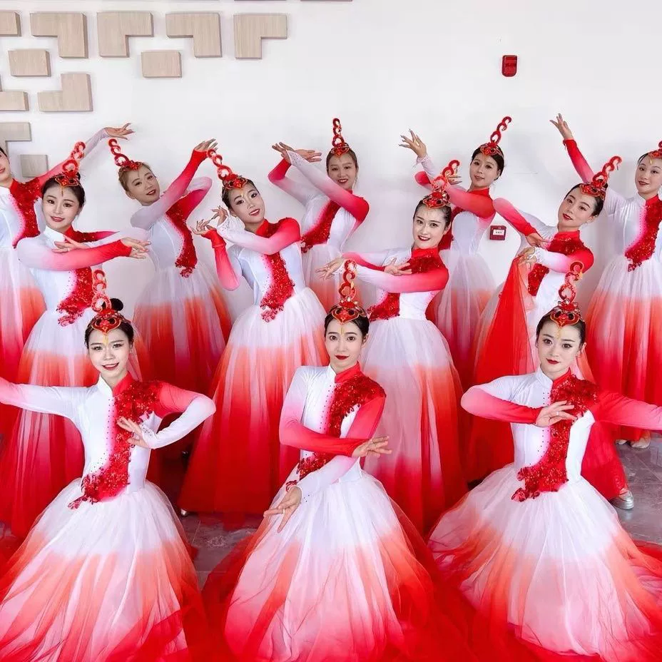 Современный танец, новый стиль, открывающиеся огни Wanjiang, атмосферный китайский танец, большая распашная юбка, танцевальный костюм, песня и танец, длинная юбка