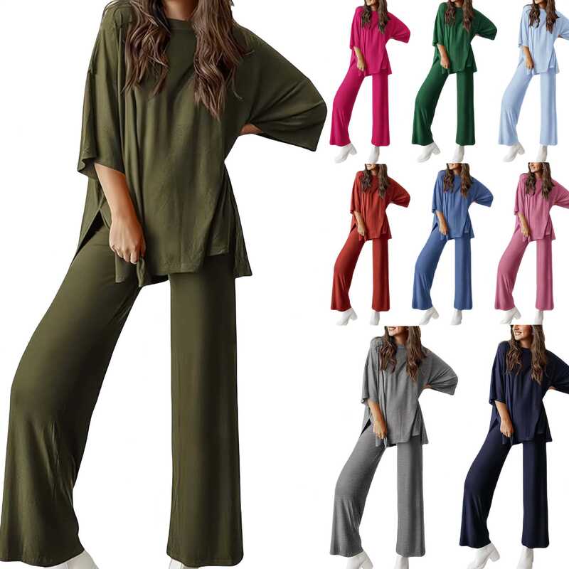 Cross-Border Foreign Trade Amazon 2025 Autumn Women's Solid Color Comfortable Loose Short-Sleeve Top and Long Pants Two-Pocket Set