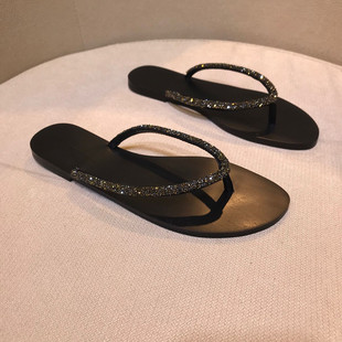 2024 Summer New Arrival Flip-Flops with Diamond Flip-Flops Flip-Flops for Outer Wear Beach Sandals Women's Black Joker