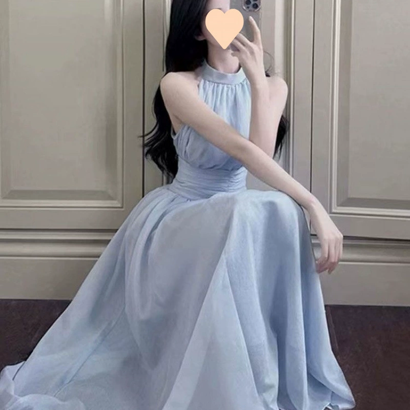 Французский нежный темперамент, сладкая и тонкая талия, синее летнее новое платье без рукавов с бретелькой на шее.