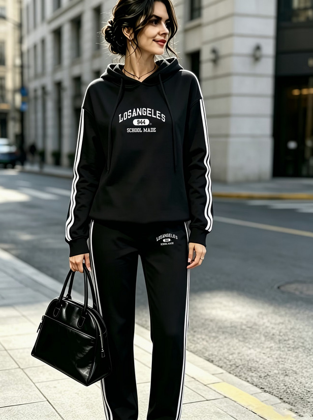 Women's New Casual Retro-style Print Hooded Sweatshirt And Casual Trousers Two-piece Set_ecoleips.com