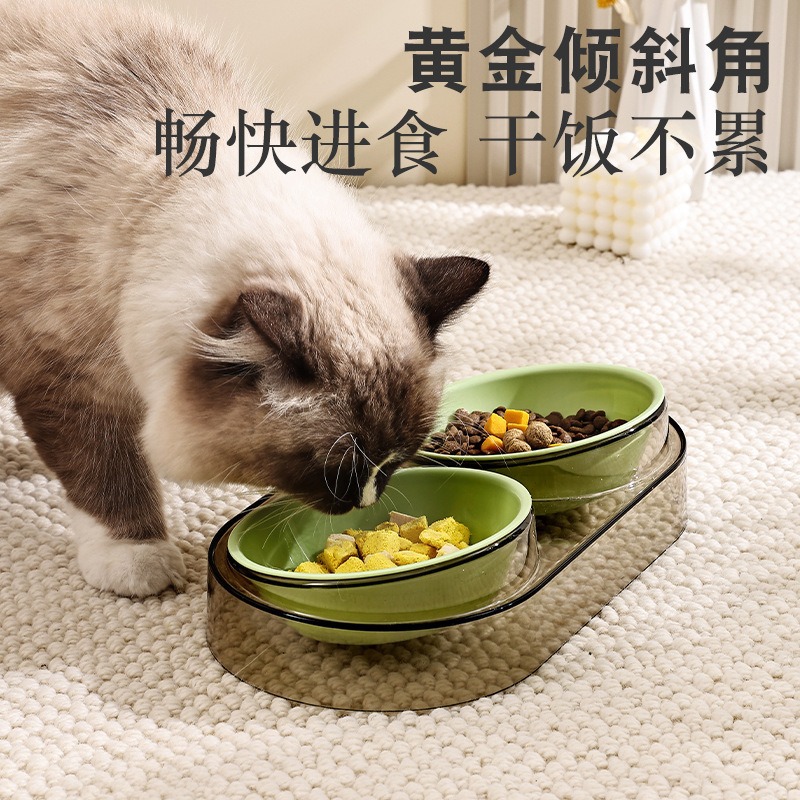 INS viento transparente cuello doble tazón alimento para mascotas alimentación de agua anti-derroque de color macarón alimentación de agua potable integral