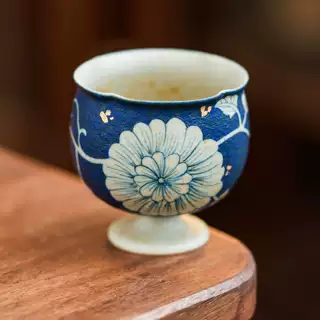 洒金手绘牡丹茶杯陶瓷主人杯青花火石红品茗杯功夫茶具高足杯单杯