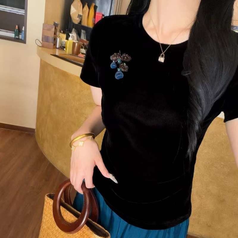 Shenzhen Nanyou Round-Neck Velvet Top with Lace Patchwork on the Back, French Embroidery, Blue Balloon Short-Sleeve Blouse for Women, French Design Style