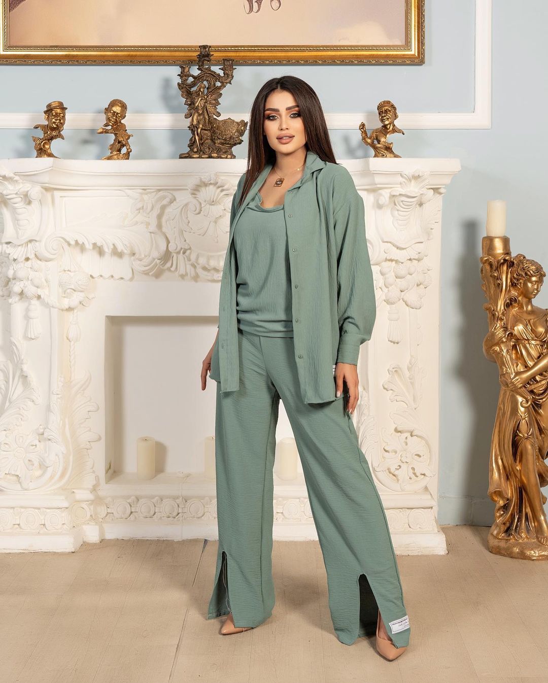GraceChic Dreiteiliges Set, sofort lieferbar, Naher Osten, Grenzüberschreitend, Arabisch, Herbst 2024, Neue Mode, Ärmelhemd, Weste, Lange Hose_voghion.com