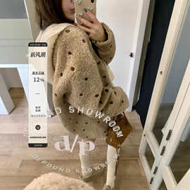 ASHENONLINE  奶茶啵啵 原创羊羔毛外套慵懒保暖波点撞色皮草开衫