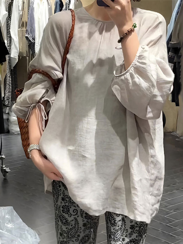 法式高级感圆领薄款灯笼袖衬衫女2025新款夏季宽松设计感防晒上衣|undefined