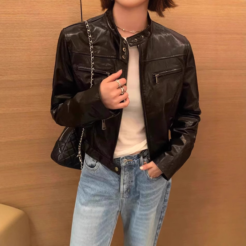 Genuine Leather Jacket 4156 American Retro Simple Stand-Up Collar Oil-Waxed Cowhide Short Slim-Fit Biker Jacket for Petite Women