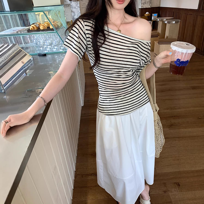 Striped One-Shoulder Off-Shoulder Short-Sleeve T-Shirt for Women, Summer 2026 New Style, Sexy Slightly See-Through Off-The-Shoulder Neckline Slimming Top