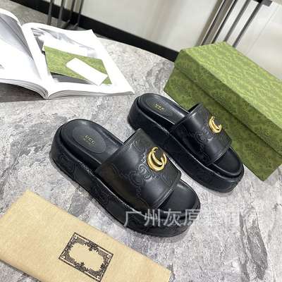 G home Europe and the United States New thick-soled slippers women's 2023 new leather embroidery increased slippers metal buckle sandals women's shoes