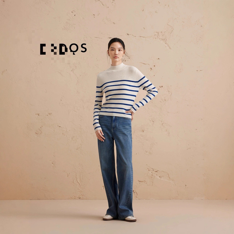 Pure Wool Half-Turtleneck Knit Sweater for Women, Striped Slim-Fit Pullover, Long-Sleeve, Color-Blocking Design, Artistic Retro Style