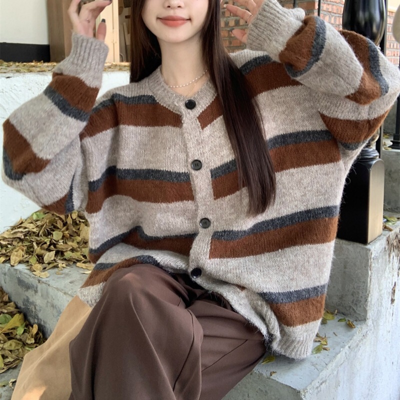 Maillard color retro contrast color striped knitted cardigan for women autumn and winter New Korean style loose lazy sweater coat Maillard color retro contrast color striped knitted cardigan for women autumn and winter New Korean style loose lazy sweater coat