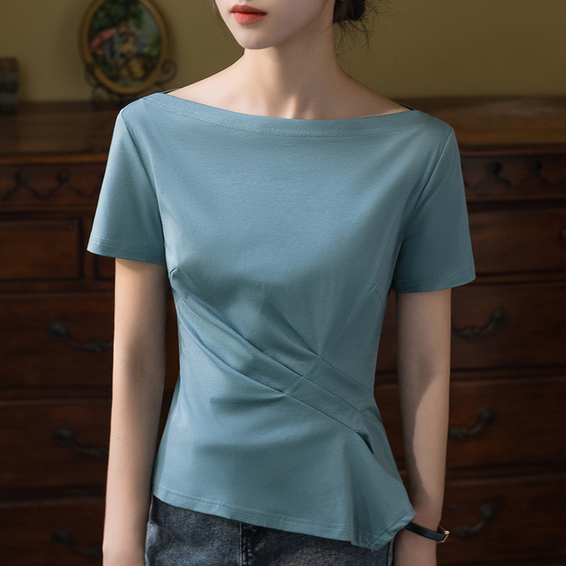 Camiseta de manga corta de algodón mercerizado de doble cara para mujer verano 2023 nueva Camiseta de algodón fuera del hombro camiseta irregular image 7