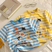 100%纯棉夏季2025新款男童短袖T恤卡通条纹女童宝宝百搭打底上衣