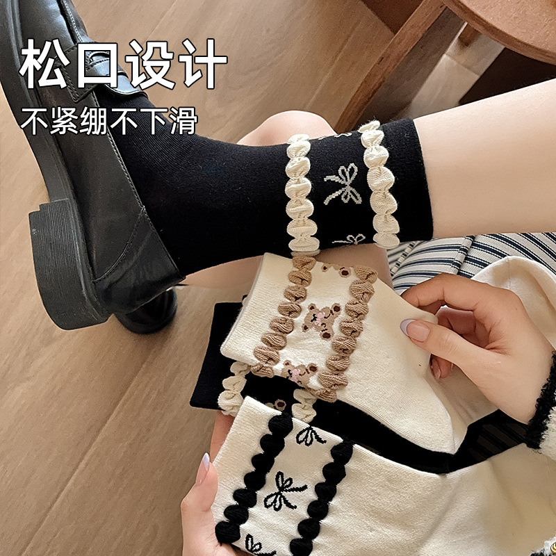 批發秋冬JK襪子女花邊公主襪鬆口洛麗塔純棉堆堆襪白色中筒襪零售