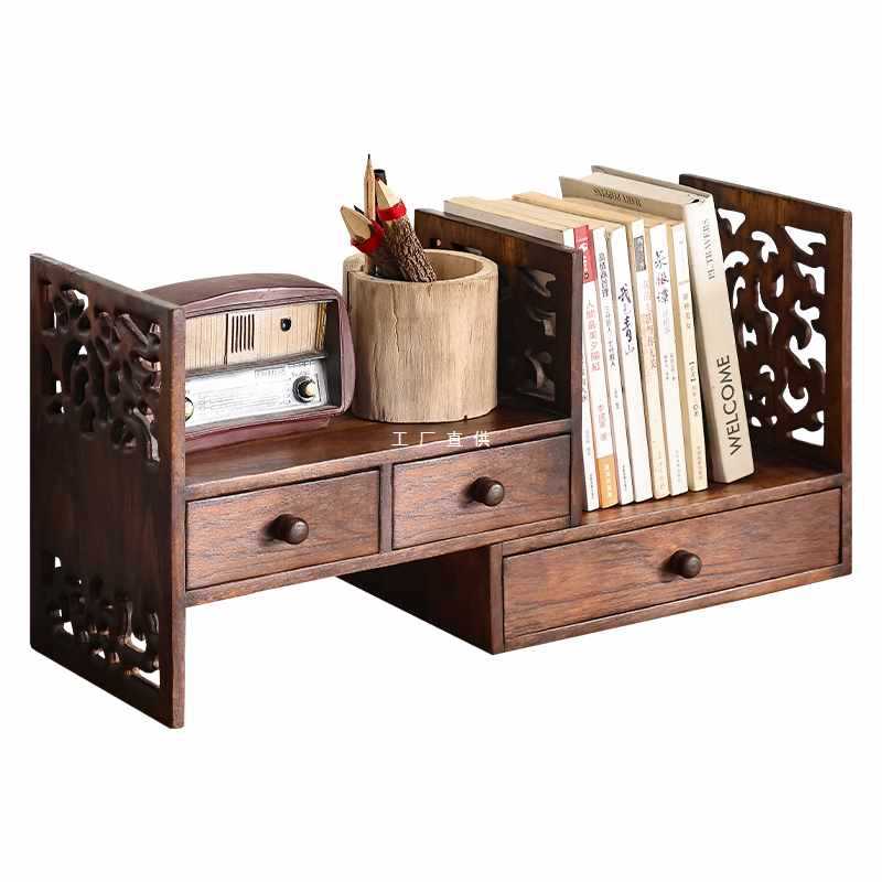 7YN复古实木桌面置物架办公桌书桌桌上小书架飘窗架子中式书柜收