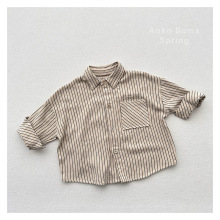 棉麻条纹~春秋新款韩版儿童文艺范翻领竖条纹衬衫男女童软糯衬衣